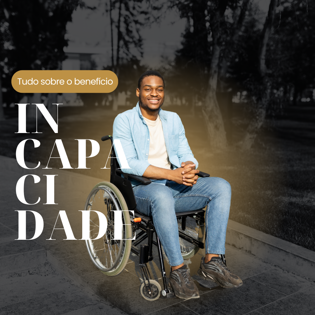 A imagem apresenta um homem cadeirante sorrindo para a câmera, transmitindo positividade. O design utiliza as cores do seu site, criando uma conexão visual com a marca. Em destaque, a palavra "incapacidade" aparece em letras grandes e brancas, provavelmente para desafiar ou repensar estigmas relacionados a essa condição. A imagem pode ser uma maneira poderosa de reverter preconceitos e mostrar como a advocacia pode ser inclusiva e acessível, enfatizando direitos e possibilidades para todos, independentemente das limitações físicas.